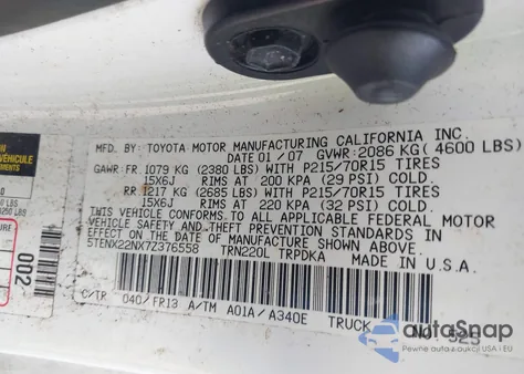 2007 Toyota Tacoma z USA, uszkodzony, nr VIN 5TENX22NX7Z376558